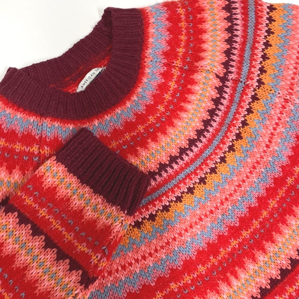 American Eagle Womens Medium Red Fair Isle Crew Neck Knit Sweater 0340341 NEW